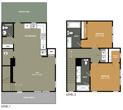 Floor plan for 2 beds, 2.5 baths, 1133 sqft
